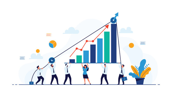 Team of businesspeople working together to pull up a financial bar graph with ropes and pulleys, illustrating collaborative growth, teamwork, and business success.