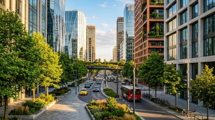 Fototapeta premium Modern Urban City Street with Tall Glass Buildings and Green Trees