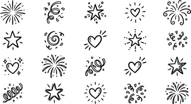 A collection of hand drawn doodle icons featuring festive stars hearts confetti and firework patterns