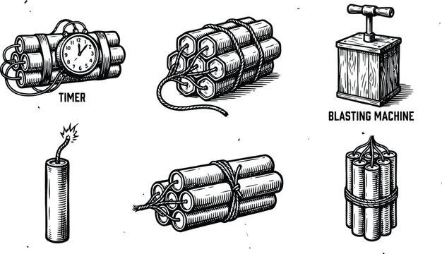 Detailed black and white illustrative set featuring various classic explosive dynamite sticks and blasting equipment tools