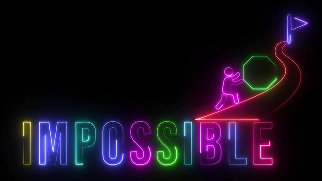 Neon Impossible Sign with Person Trying to Move Hexagon Up Hill
