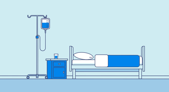 Hospital Room Depiction Featuring Bed, IV Drip, and Nightstand, Minimalist Line Drawing, Medical