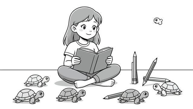 Girl sitting with turtles and book.