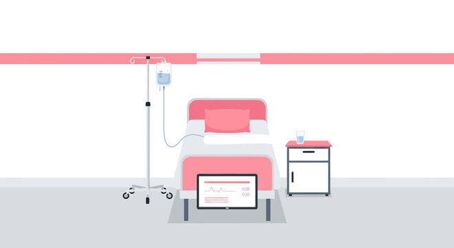 Hospital Room Depiction Featuring Bed, Monitoring Screen, and Intravenous Infusion Setup