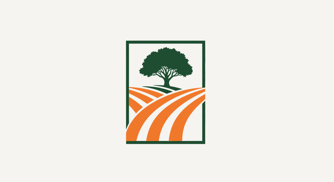 Stylized tree on a hill with abstract fields in a rectangular frame.