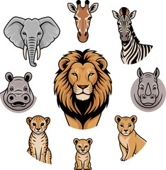 Obraz premium Collection of stylized African safari animal heads and cubs isolated on a transparent background