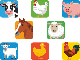 Fototapeta premium Collection of cartoon farm animals including a cow chicken pig horse sheep goat duck and rooster in colorful squares