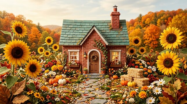 A cozy brick cottage with a teal roof nestled in a vibrant autumn garden filled with sunflowers and pumpkins.