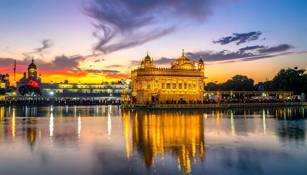 Golden Temple Sri Harmandir Sahib Amritsar India At Sunset With Vibrant Orange And Reflection In The Holy Water Sarovar Amrit