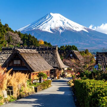 Mount Fuji Snow Capped Peak Rising Behind Traditional Thatched Roof Houses In Saiko Iyashi No Sato Nenba Village On A Clear Sunny Day In Japan