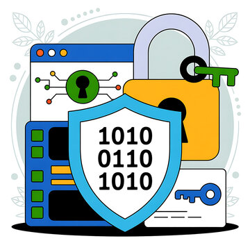 A shield protects a computer screen with a lock and key, symbolizing online security and data encryption.