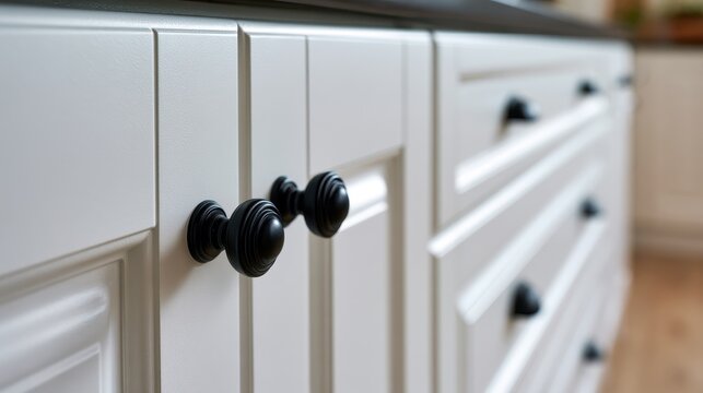 Modern white kitchen cabinet doors and drawers with matte black round knobs close-up