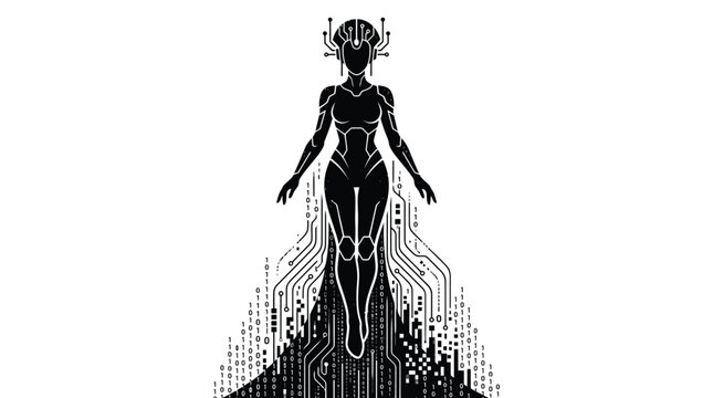 Silhouette of a futuristic digital woman formed from binary code and circuit board patterns