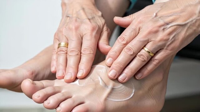 Elderly woman applying cream to her foot for skincare at home  