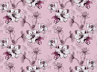 Luxury Hand Drawn White Lily Seamless Pattern with Pink Flowers © Seamless Studio