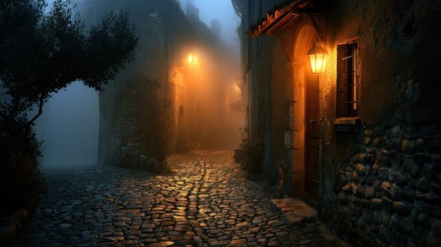 Narrow Cobblestone Street in a Misty Old Village at Night with Glowing Lanterns