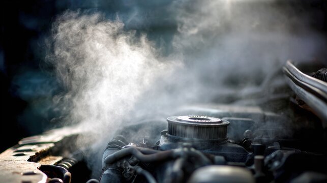 Overheated car engine with thick white steam and smoke billowing out under the hood during a breakdown
