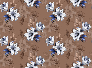 Luxury Hand Drawn White Lily Seamless Pattern with Pink Flowers © Seamless Studio