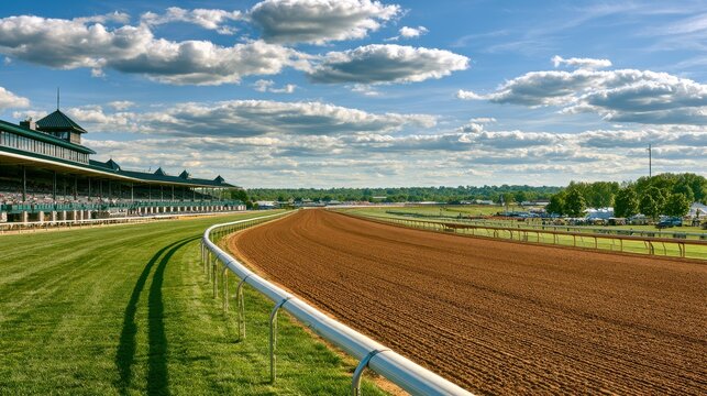 Panoramic view of an empty horse racing track with grandstands and green turf under a summer sky