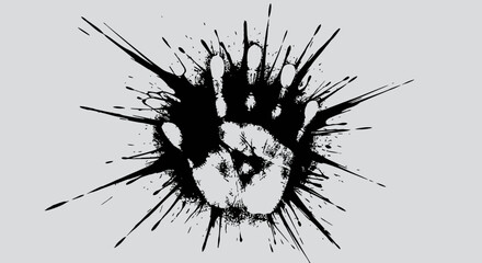 A striking black ink splat with a white handprint at its core, radiating sharp lines against a light grey background, conveying impact and artistic expression. © Slamet