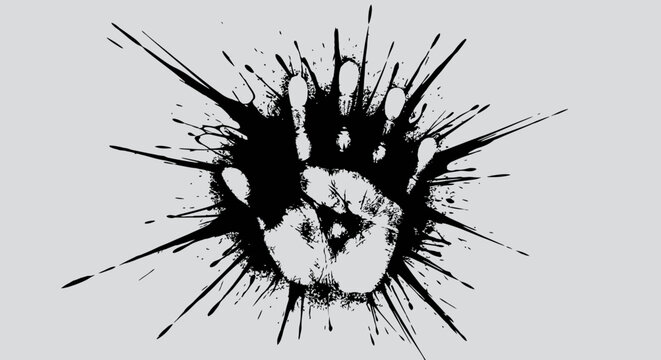A striking black ink splat with a white handprint at its core, radiating sharp lines against a light grey background, conveying impact and artistic expression.