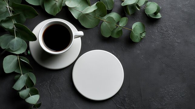 Top view of a cup of black coffee with a blank white circular coaster and eucalyptus branches on a dark textured background