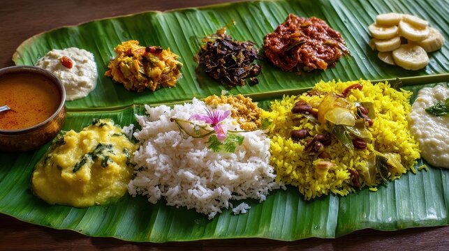 Traditional South Indian Sadya meal served on a banana leaf