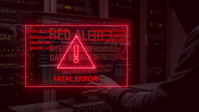 Hacker accessing computer with fatal error message on screen, red alert for data breach, and system compromised message.