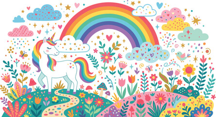Obraz premium Whimsical illustration of a magical unicorn standing under a vibrant rainbow in a colorful garden filled with flowers and clouds