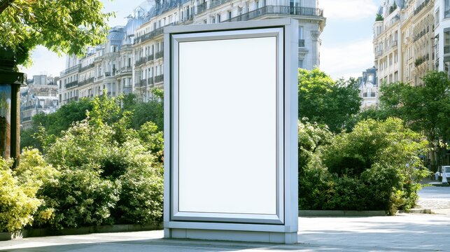 Vertical blank billboard mockup in a city street park with classic buildings and green bushes