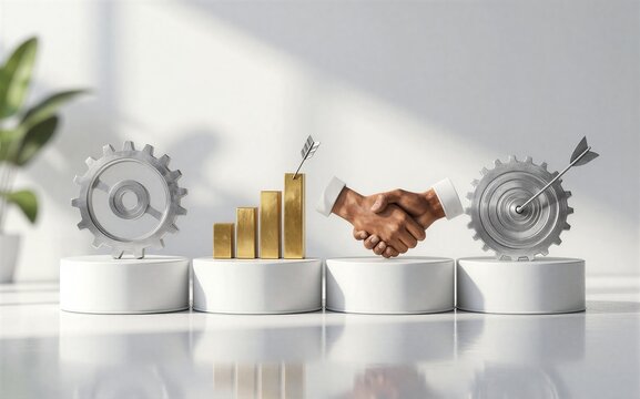 Handshake symbolizes partnership with gears and growth bars