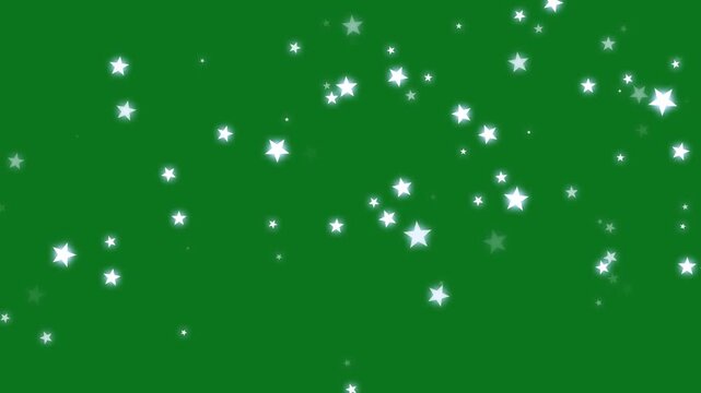 Glowing white sparkle particle trail with magic glitter stars, shimmering fairy dust burst, blinking twinkle lights, seamless cartoon starlight overlay animation on green screen background. 4K