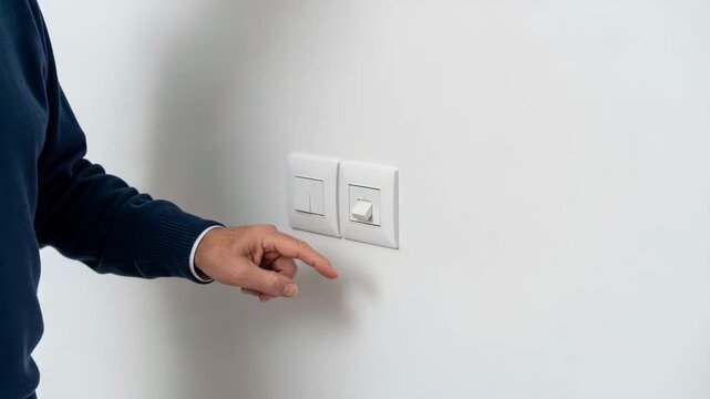 Person pressing light switch on white wall in modern interior  