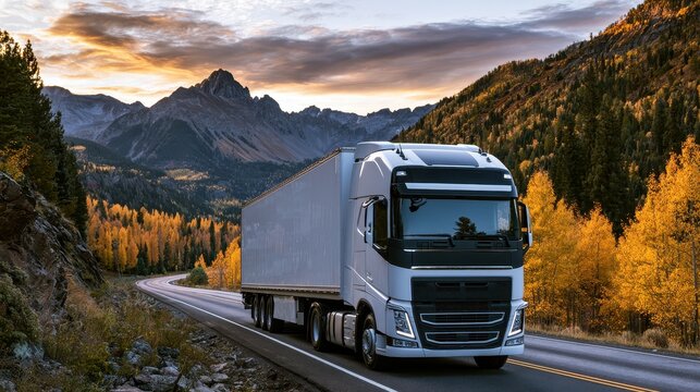 White semi-truck with trailer driving on a winding mountain road during an autumn sunset