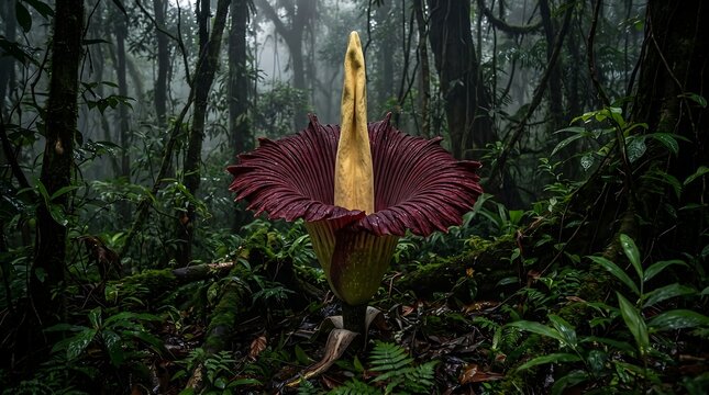 A spectacular giant tropical bloom, sometimes called a corpse flower, bursting forth in the lush, mysterious depths of an ancient rainforest
