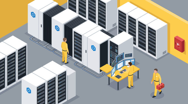 Isometric illustration of technicians working on computer servers in a data center with yellow and gray tones.