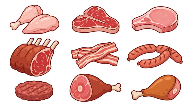 Colorful illustration of various raw and cooked meats on a white background
