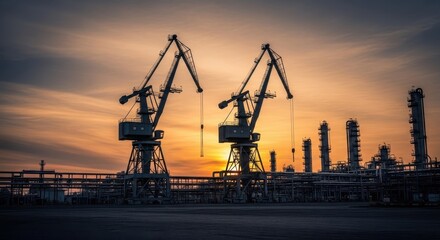 Obraz premium Industrial cranes silhouetted against a vibrant sunset sky at a port facility