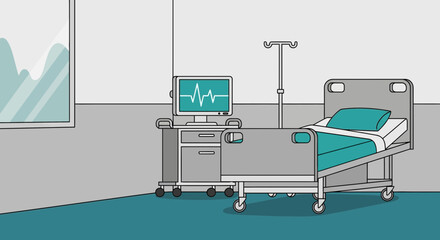 Fototapeta premium Hospital Room Depiction Featuring Monitoring Equipment and Bed for Modern Healthcare Procedures