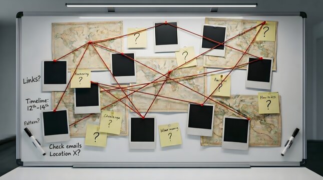 Whiteboard with Map Background, Red Connection Strings, Sticky Notes, and Blank Polaroids, Case Files for Detective