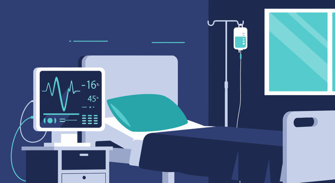 Hospital Room Depiction Illustrating Cardiac Monitoring And Medical Treatment Processes