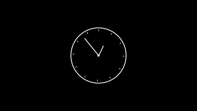 Clock icon animation with moving arrows in 12 hour loop on transparent background, stopwatch animation iconwith alpha channel, clock motion graphic 4k animation.