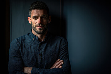 Fototapeta premium A confident man with crossed arms stands against a dark background, wearing a patterned shirt and looking directly at the camera.
