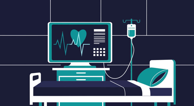 Hospital Room Depiction Illustrating Medical Monitoring and Patient Care Procedures