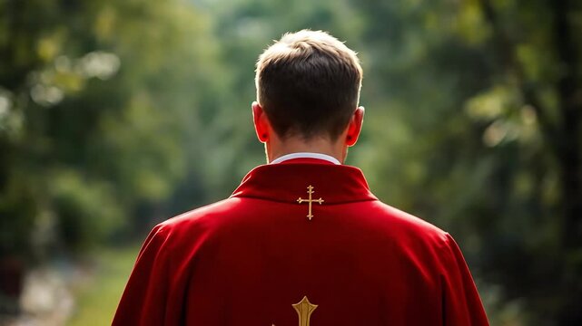 Clergyman in red vestment with cross, outdoors, with natural light.