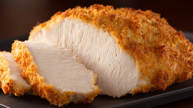 Golden-brown crispy breaded chicken breast, sliced to reveal tender white meat, served