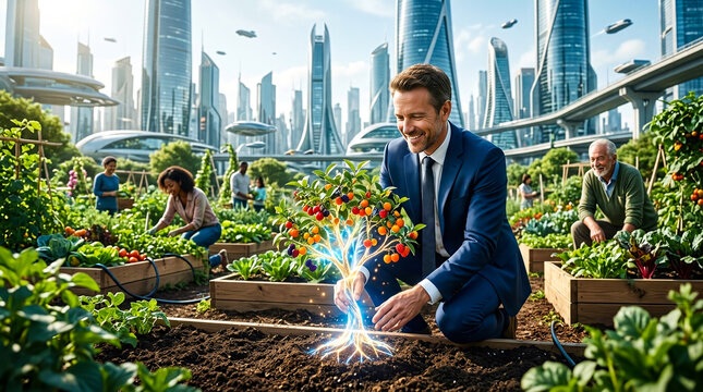 Businessman planting digital tree for sustainable growth and csr