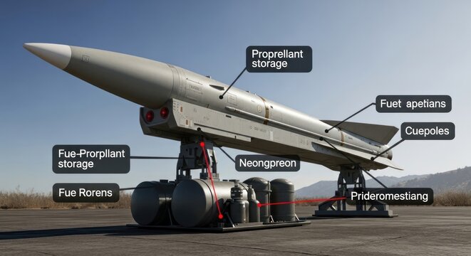 Military Missile on Launch Pad with Labelled Components