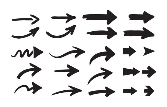 Hand drawn brush stroke arrows collection with various organic shapes for sketchy creative design.