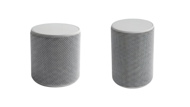 Pair of modern white wireless smart speakers isolated on white